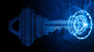 81669143 - a key formed from binary code goes into an abstract high-tech lock.